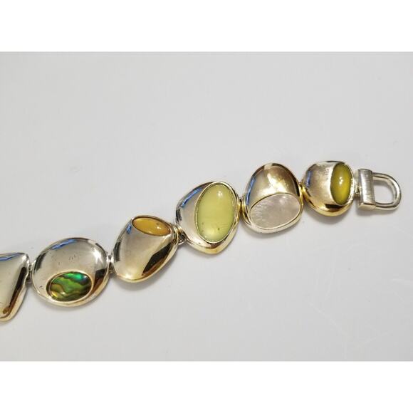 Seven inch silvertone bracelet with inlay stones green yellow b45 - Picture 8 of 11